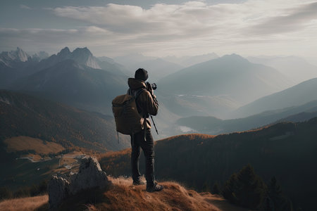 hiker, with backpack and camera, capturing stunning view of mountain range, created with generative aiの素材