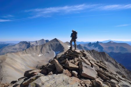 hiker, reaching summit of mountain, with view of rugged terrain and clear blue sky, created with generative aiの素材