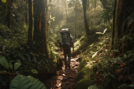 hiker trekking through dense rainforest, with backpack full of supplies, created with generative aiの素材