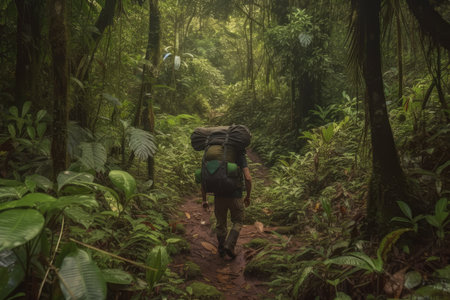 hiker trekking through dense rainforest, with backpack full of supplies, created with generative aiの素材