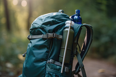 close-up of hiking backpack with water bottle and other supplies visible, created with generative aiの素材