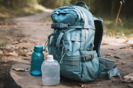 close-up of hiking backpack with water bottle and other supplies visible, created with generative aiの素材