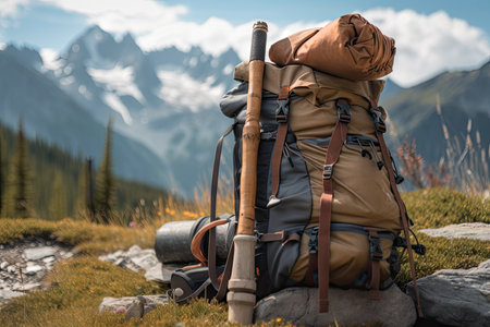 hiking backpack with trekking poles and bear spray in the foreground, created with generative aiの素材