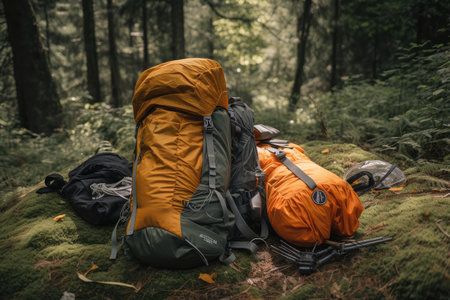 hiking backpack with rolled up tent and sleeping gear, created with generative aiの素材