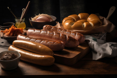 butcher, hot dog and sausage links for customer order, created with generative aiの素材