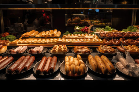 hot dog and sausage party, with different types of sausages and hot dogs on display, created with generative aiの素材