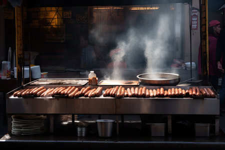 hot dog stand, with steam rising from freshly made sausages on the grill, created with generative aiの素材
