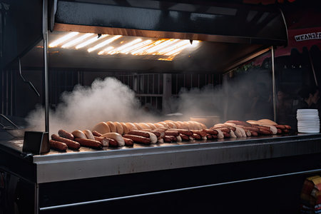 hot dog stand, with steam rising from freshly made sausages on the grill, created with generative aiの素材