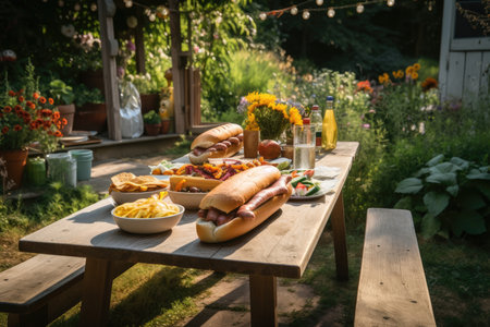 a hot dog cookout in a garden, with an inviting picnic table and fresh vegetables, created with generative aiの素材
