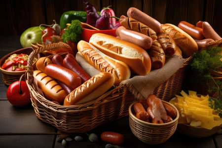 variety of hot dogs and sausages in basket, with variety of toppings visible, created with generative aiの素材