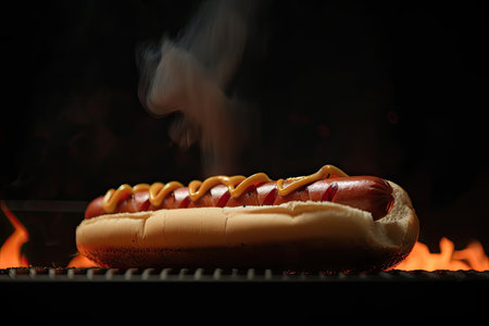 hot dog on a grill, with smoke and flames visible, created with generative aiの素材