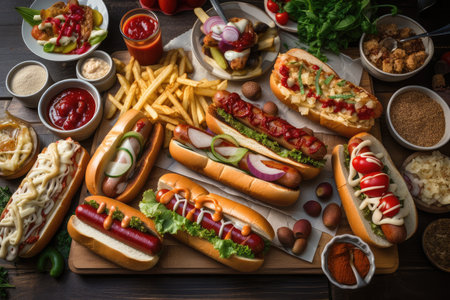 hot dog and sausage feast, with a variety of toppings and condiments, created with generative aiの素材