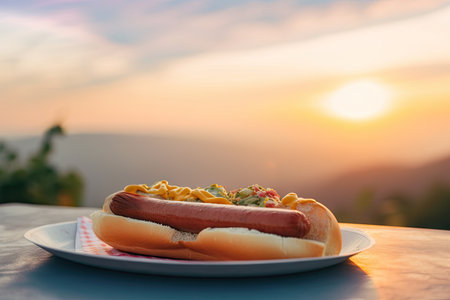 hot dog, bun and sausage standing on plate with view of summer sunset, created with generative aiの素材