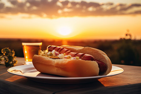 hot dog, bun and sausage standing on plate with view of summer sunset, created with generative aiの素材