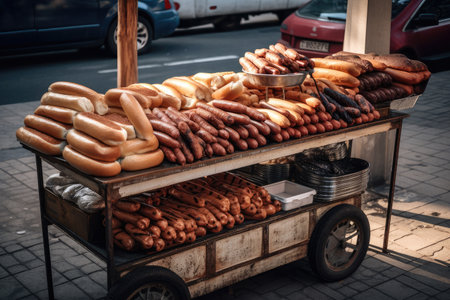 hot dog cart at outdoor market, with variety of sausages and buns for purchase, created with generative aiの素材