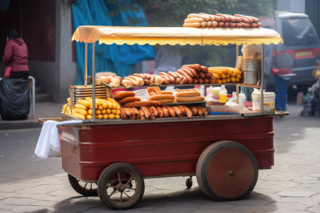 hot dog cart at outdoor market, with variety of sausages and buns for purchase, created with generative aiの素材