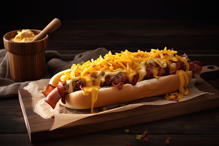 hot dog wrapped with bacon and cheese on wooden board, created with generative aiの素材