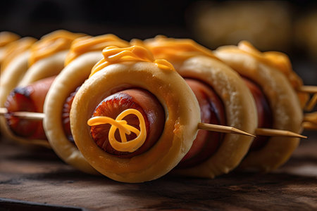 close-up of hot dog, with spiral of sausages on skewer, created with generative aiの素材