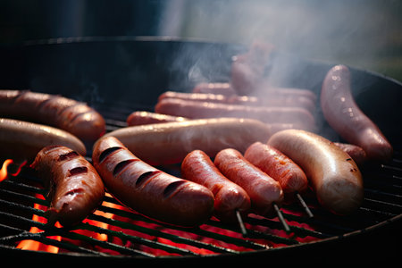 a close-up of hot dogs and sausages, with smoke rising from the grill, created with generative aiの素材