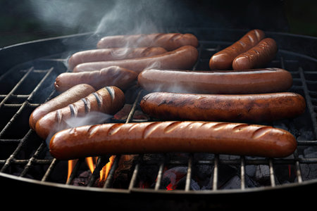 a close-up of hot dogs and sausages, with smoke rising from the grill, created with generative aiの素材