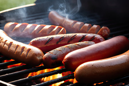 a close-up of hot dogs and sausages, with smoke rising from the grill, created with generative aiの素材