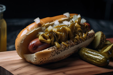 hot dog with pickle and onion on bun, created with generative aiの素材