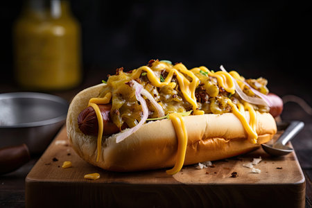 hot dog on a bun, topped with spicy mustard, chopped onions and juicy sausages, created with generative aiの素材