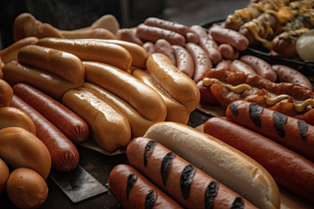 pile of hot dogs and sausages, ready to be cooked on grill, created with generative aiの素材