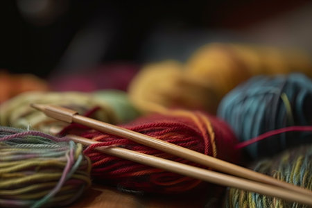 close-up of needles and yarn in the act of crafting, created with generative aiの素材