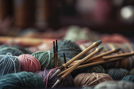 close-up of needles and yarn in the act of crafting, created with generative aiの素材