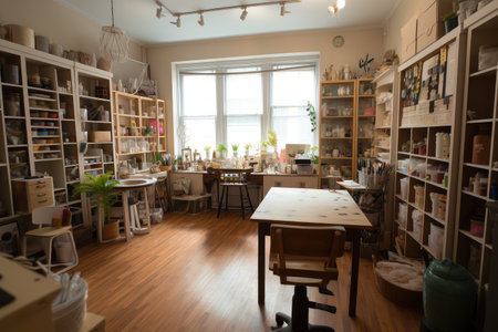 creative space, filled with stationery, art supplies and yarns for crafting, created with generative aiの素材