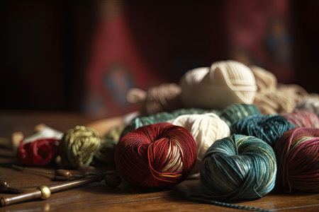 close-up of craft project, with needles and yarn in view, created with generative aiの素材