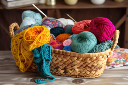 colorful basket of knitting supplies, with cozy throw nearby, created with generative aiの素材