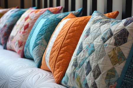 row of quilted throw pillows, each with its own unique design, created with generative aiの素材