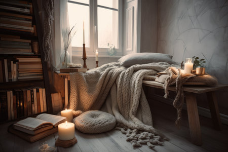 a cozy reading nook filled with books, candles, and knitted blankets, created with generative aiの素材