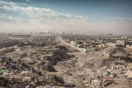 landfill surrounded by bustling metropolis, with view of the city skyline visible in the background, created with generative aiの素材