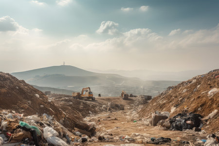 landfill with towering mountain of garbage, surrounded by recycling bins for materials and energy recovery, created with generative aiの素材