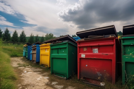 containers for recycling and composting materials in a modern landfill, created with generative aiの素材