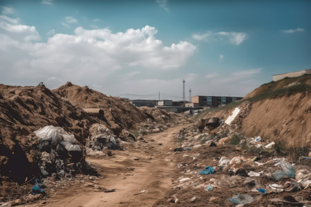 old landfill with conveyor belt for transporting trash to the disposal area, created with generative aiの素材