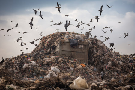 up-close view of towering garbage heap, with birds circling overhead, created with generative aiの素材