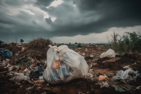 plastic bag spilling out of the landfill, surrounded by discarded waste, created with generative aiの素材