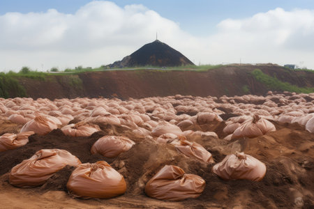 landfill being closed and sealed with clay caps to prevent pollution, created with generative aiの素材