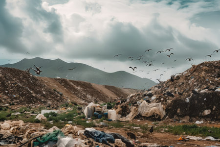 landfill with mountains of garbage and clouds of flies, created with generative aiの素材