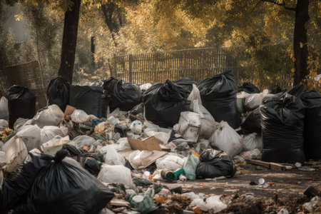 close-up of waste disposal site, with overflowing bins and trash bags, created with generative aiの素材
