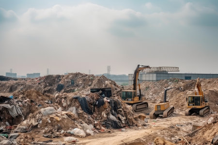 modern landfill, with technology and equipment for sorting and processing waste visible, created with generative aiの素材