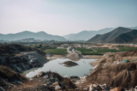 beautiful view of a landfill surrounded by natural scenery, with mountains and water in the background, created with generative aiの素材