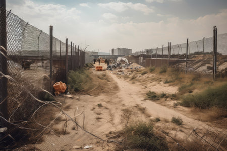 landfill surrounded by a fence and security patrol for safety, created with generative aiの素材