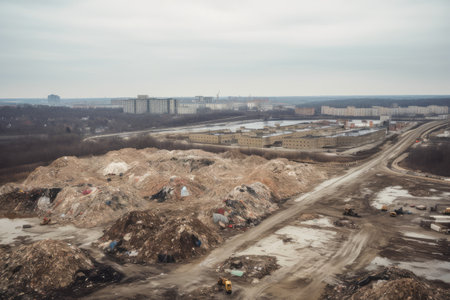 landfill with towering pile of trash, surrounded by landscape of industrial buildings, created with generative aiの素材
