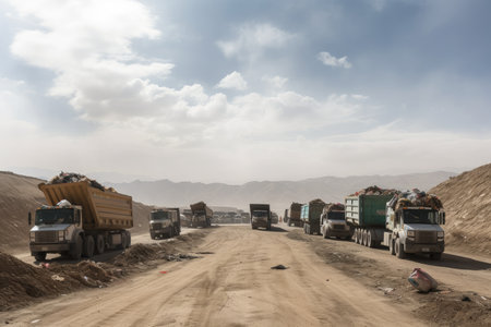 rows of garbage trucks entering the landfill, bringing in new waste, created with generative aiの素材