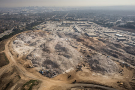 aerial view of enormous landfill, surrounded by rows of trash bags and bins, created with generative aiの素材